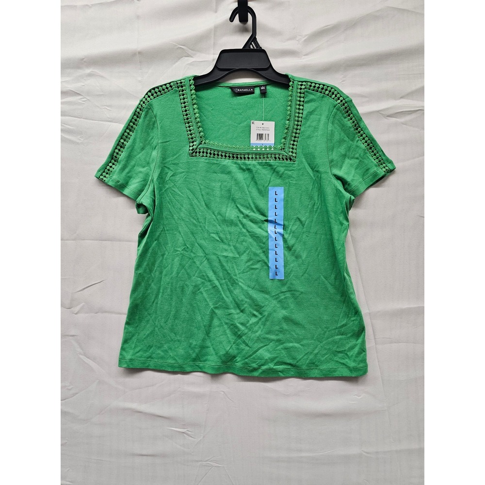 Rafaella Womens Kelly Green Square Neck Crochet Trim Cotton Top RSKSF064 L